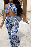 Royal Blue Euramerican Women Printing Sexy Strapless Cross Bandage Backless Tiny Flared Bodycon Jumpsuits LML228-3