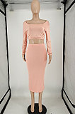 Orange Fashion Women Pure Color Long Sleeve Backless Split Skirts Sets NL6088-1