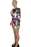 Brown Women Sexy Club Dress Printing Long Sleeve Slim Fitting Mini Dress SH7276
