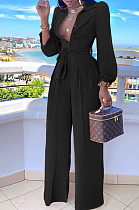 Black Fashion Long Sleeve Lapel Collar Solid Color With Waistband Wide Leg Jumpsuits OMY80035-4