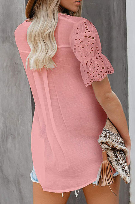 Black Summer Lace Short Sleeve V Collar Ruffle Loose Single-Breasted Shirts MDO202108-2
