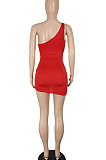 Red Women Sexy Club Dress One Shoulder Solid Color Hollow Out Mini Dress SH7279-2