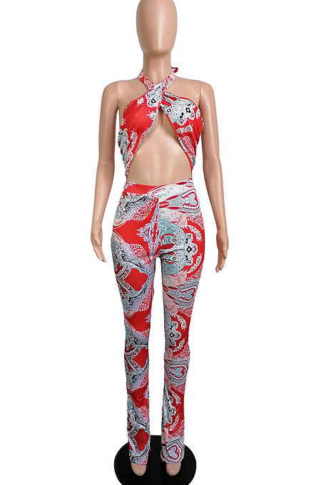 Red Euramerican Women Printing Sexy Strapless Cross Bandage Backless Tiny Flared Bodycon Jumpsuits LML228-1