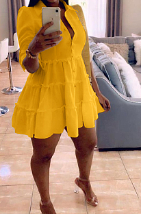 Yellow Casual Solid Color Long Sleeve Lapel Neck Single-Breasted Shirt Dress OMY0022-2