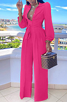 Rose Red Fashion Long Sleeve Lapel Collar Solid Color With Waistband Wide Leg Jumpsuits OMY80035-2