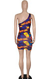 Colorful Euramerican Women Sexy Club Dress One Shoulder Printing Hollow Out Mini Dress SH7278-1
