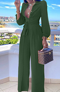 Blackish Green Fashion Long Sleeve Lapel Collar Solid Color With Waistband Wide Leg Jumpsuits OMY80035-7