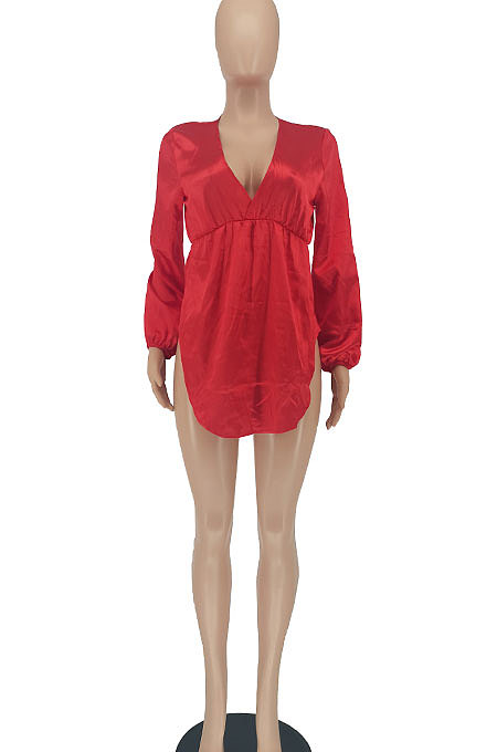 Red Women Sexy Club High Split Long Sleeve Solid Color Mini Dress SMY8108-1