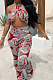 Red Euramerican Women Printing Sexy Strapless Cross Bandage Backless Tiny Flared Bodycon Jumpsuits LML228-1