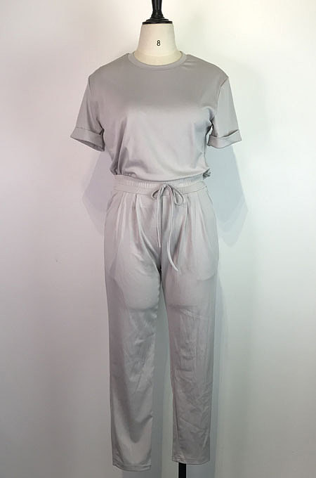 Euramerican Women Solid Color Long Pants Tied Short Sleeve Casual Pants Sets WDS210501