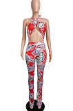 Lake Blue Euramerican Women Printing Sexy Strapless Cross Bandage Backless Tiny Flared Bodycon Jumpsuits LML228-2