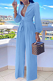 Blue Fashion Long Sleeve Lapel Collar Solid Color With Waistband Wide Leg Jumpsuits OMY80035-6