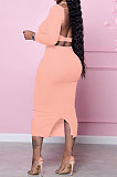 Purple Fashion Women Pure Color Long Sleeve Backless Split Skirts Sets NL6088-2