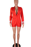 White Euramerican Women Solid Color Back Deep V Split Tassel Casual Turn-Down Collar Shorts Sets RB3042-1