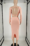 Orange Fashion Women Pure Color Long Sleeve Backless Split Skirts Sets NL6088-1