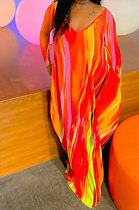 Red Women Printing Long Sleeve Pocket Mid Waist Loose Long Dress NK258-1