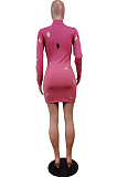 Pink Cotton Blend Sexy Hollow Out Long Sleeve O Collar Bodycon Solid Color Hip Mini Dress WY6834-3
