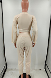 Beige Casual Women Long Sleeve Deep V Collar Crop Top High Waist Carrot Pants Solid Color Two-Piece HXY68016-2