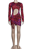 Orange Euramerican Women Sexy Long Sleeve Round Neck Crop Mini Dress KA7186-2