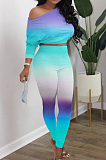 Yellow Green Cotton Blend Gradient Long Sleeve Obique Shoulder Dew Belly High Waist Tight Pants Sport Sets HXY8032-2