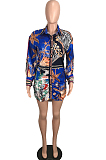 Blue New Women Printing Long Sleeve Lapel Collar Single-Breasted Irregularity Shirt Dress QY5081-1