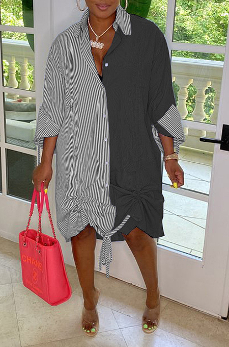 Black Casual Women Stripe Spliced Long Sleeve Lapel Neck Single-Breasted Loose Shirt Dress WY6839-3