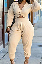 Beige Casual Women Long Sleeve Deep V Collar Crop Top High Waist Carrot Pants Solid Color Two-Piece HXY68016-2