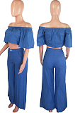 Orange Causal Short Sleeve A Word Shoulder Strapless High Waist Wide Leg Pnats Jean Sets HXY8024-1