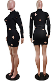 Gray Cotton Blend Sexy Hollow Out Long Sleeve O Collar Bodycon Solid Color Hip Mini Dress WY6834-1