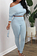 Light Blue Fashion Long Sleeve Oblique Shoulder Dew Belly High Waist Bodycon Pants Solid Colur Sport Sets HXY8027-4