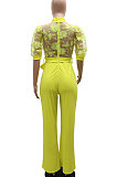 Yellow Mid Waist Long Pants Embroidered Cloth Waistband Wide Leg Jumpsuits YF9064