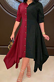 Yellow Fashion Casual Contrast Color Long Sleeve Turn-Down Collar Irregular Mid Dress T Shirt/Shirt Dress ML7455-1