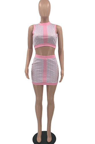 Pink Sexy Cotton Blend Sleeveless O Collar Crop Top Mini Skirt Two-Piece HMR6036 