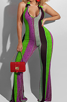 Purple Night Club Stripe Printing Halter Neck V Collar Backless Slim Fitting Wide Leg Jumpsuits HXY8055-3