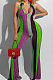 Purple Night Club Stripe Printing Halter Neck V Collar Backless Slim Fitting Wide Leg Jumpsuits HXY8055-3