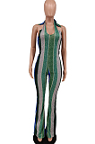 Orange Night Club Stripe Printing Halter Neck V Collar Backless Slim Fitting Wide Leg Jumpsuits HXY8055-4