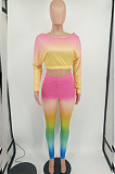 Yellow Green Cotton Blend Gradient Long Sleeve Obique Shoulder Dew Belly High Waist Tight Pants Sport Sets HXY8032-2