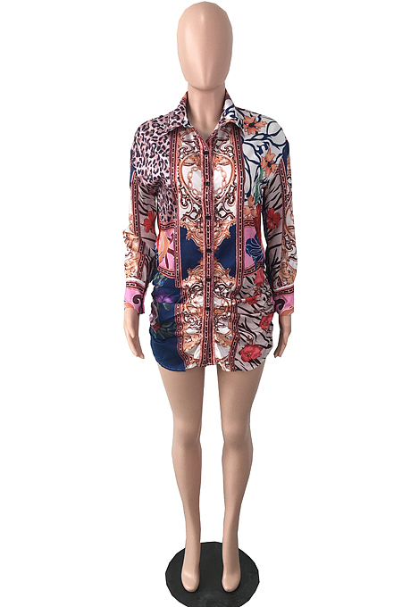 Colorful New Women Printing Long Sleeve Lapel Collar Single-Breasted Irregularity Shirt Dress QY5081-2