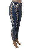 Blue Women Eyelet Lacing Tight Mid Waist Pencil Pants LD81026