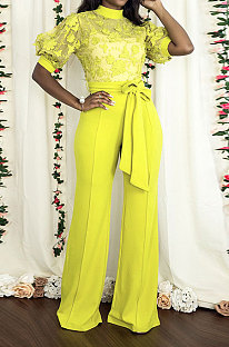 Yellow Mid Waist Long Pants Embroidered Cloth Waistband Wide Leg Jumpsuits YF9064