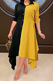 Yellow Fashion Casual Contrast Color Long Sleeve Turn-Down Collar Irregular Mid Dress T Shirt/Shirt Dress ML7455-1