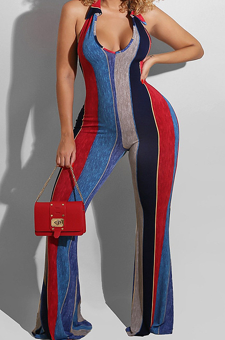 Red Night Club Stripe Printing Halter Neck V Collar Backless Slim Fitting Wide Leg Jumpsuits HXY8055-1