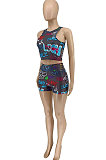 Black Women Sleeveless Tank Trendy Printing Shorts Sets WME2034