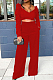 Red Fashion Cotton Blend Low-Cut Long Sleeve Ruffle Dew Waist Blouse High Waist Shift Pants Two-Piece SM9199-1