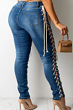 Blue Women Eyelet Lacing Tight Mid Waist Pencil Pants LD81026