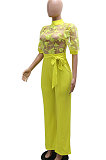 Yellow Mid Waist Long Pants Embroidered Cloth Waistband Wide Leg Jumpsuits YF9064