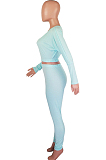 Pink Fashion Long Sleeve Oblique Shoulder Dew Belly High Waist Bodycon Pants Solid Colur Sport Sets HXY8027-1