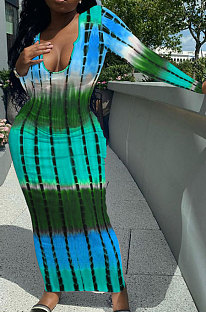 Multicolor Blue Women Tie Dye Ribber Positioning Printing Bodycon Long Sleeve Sexy Long Dress Q922-3