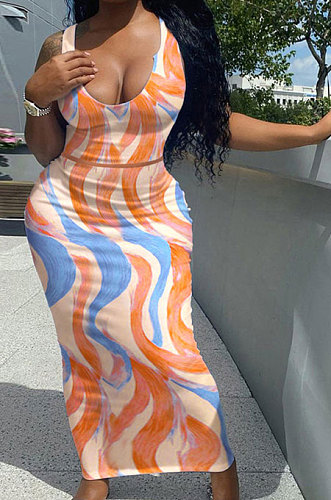 Blue Orang Wave Women Sexy Tank U Neck Tie Dye Printing Skirts Sets Q923-2