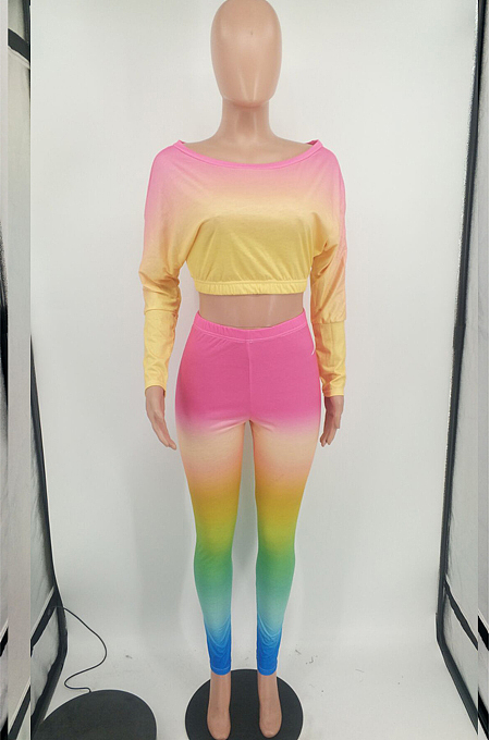 Pink Red Green Cotton Blend Gradient Long Sleeve Obique Shoulder Dew Belly High Waist Tight Pants Sport Sets HXY8032-5